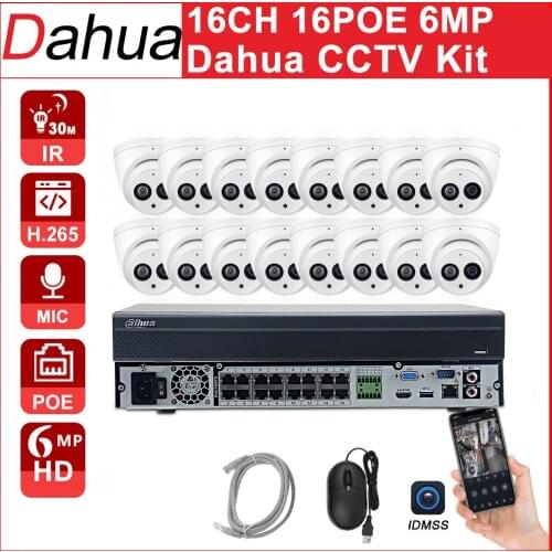 Dahua CCTV Kit 16CH 16POE NVR4216-16P-4KS2 6MP HD IPC-HDW4631C-A Built-in Mic APP IP67 H.265 CCTV Surveillance System Dahua set