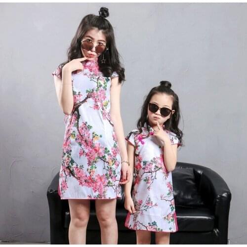 Family matching clothes mother baby girl cheongsam qipao moderno china fashion clothing summer hanfu cotton vintage ethnic style