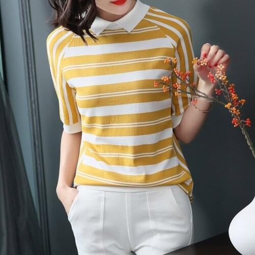 New Spring Summer Sweater Women Knitted High Elastic Turn-down Collar Stripe Jumper Women Sweaters Pullovers Female Tops Ladies