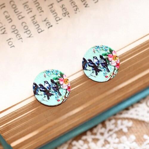 Unique 3D Birds Embossed 16mm Round Coloured Drawing pattern Laser Cut wood Cabochon DIY for Rings, Earring,Brooch,Necklace-338