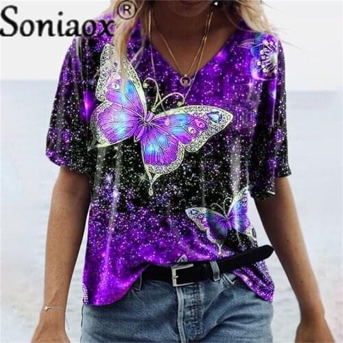 2021 Fashion Womens New Summer V-Neck Short-Sleeve Shirt Butterfly 3D Print T-Shirt Top Plus Size Casual Loose Street Clothing