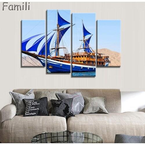 4Pcs Antique Sailing Boat Seaview Picture Painting Home Decorative Art Landscape Print On Canvas Oil Painting Posters