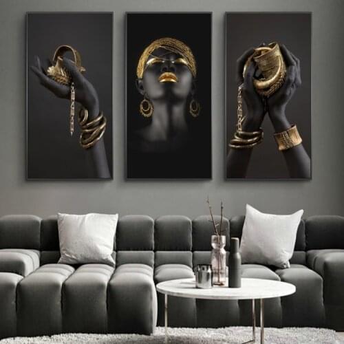 African Woman Art Paintings On the Wall Art Posters And Prints Black Hands Holding Golden Jewellery Canvas Pictures Home Decor