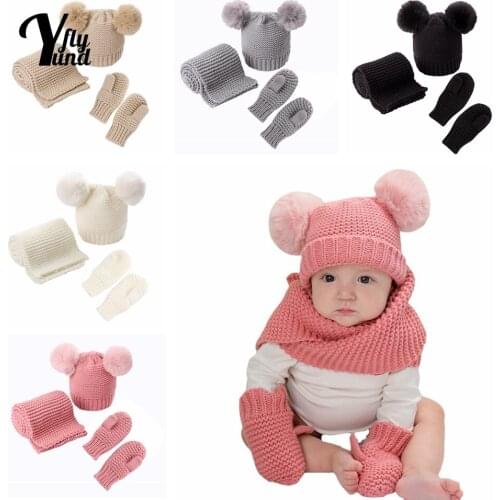 Yundfly Childrens Solid Color Furball Hat Gloves and Scarf Three Piece Set Comfortable Warm Knitting Wool Caps Baby Headwear