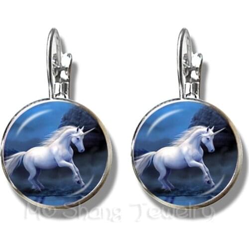Unicorn Horse Earrings 16mm Glass Dome Cabochon Charm Silver Plated Stud Earrings For Women Girl Best Gift