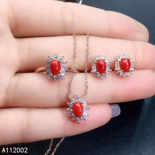 KJJEAXCMY fine jewelry natural red coral 925 sterling silver new women gemstone pendant earrings ring set support test fashion