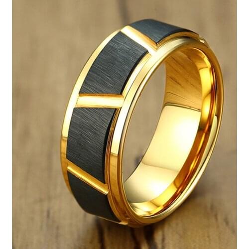 8mm Black with Gold Tungsten Carbide Ring with Diagonal Cuts Male Female Wedding Anniversary Fashion Jewelry Size 7 to 12
