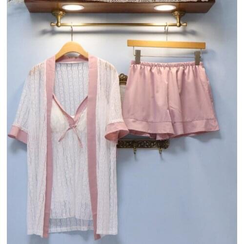 Summer lace new spaghetti strip padded lace robe+top+pant 3piece set pajiamas set pijimas sleepwear