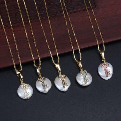 Multi cz paved tiny heart key love charm freshwater pearl bead dainty gold link chain pendant choker necklaces collier for women