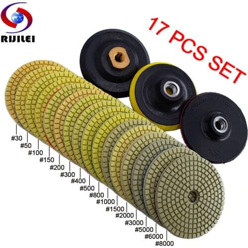 RIJILEI 17PCS 4 Inch Diamond Polishing Pad Kit 100mm Dry/Wet Polishing Pads For Granite Marble Concrete Floor Grinding Discs