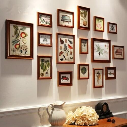16pcs Brown Grass Insect Printing Wall Hanging Photo Frame Set Retro Wooden Picture Frame Home Background Decor Photo Frames B