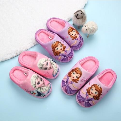 2020 New Winter Plush Slippers Disney Cartoon Frozen Girls Sneakers Home Casual Shoes Baby Cute Pink Cotton Plush Shoes