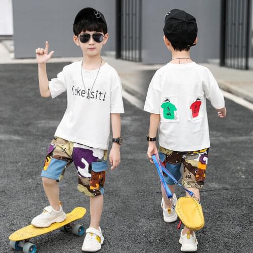 4-14T Boys Clothes Summer Set 2021 New O-Neck Short Sleeve Fashion Patchwork Letters Print Clothing Suit High Quality