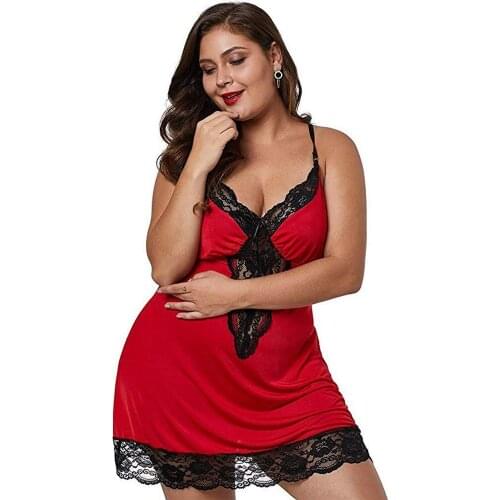 Plus Size Sexy Pajamas Womens Lace Spaghetti Strap Back Cross Erotic Lingerie Hollow Out Hot Suspender Dresses Sleepwear