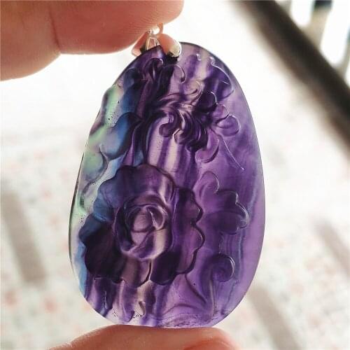 Purple Natural Colorful Fluorite Quartz Pendant Women Flower Carved 48x31x9mm Fluorite Necklace Jewelry Fashion Stone AAAAA