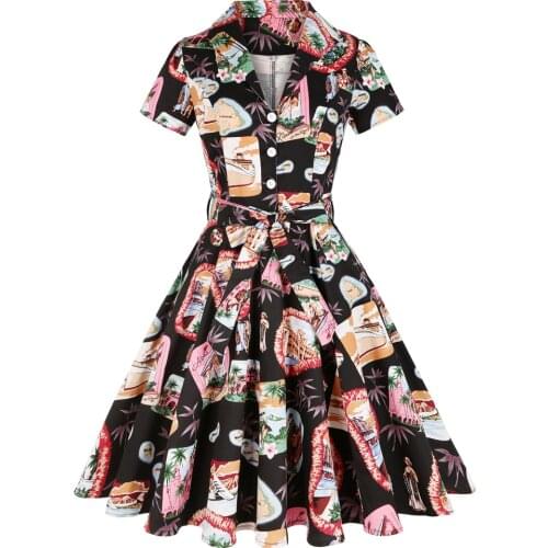 A Line Party Vintage Pin Up Casual Summer Tunic Midi Dress Short Sleeve Plus Size 50s Y2K 50s 60s Cotton Black Rockabilly Dress