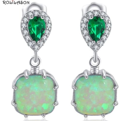 ROLILASON Romantic Gift for Women Green Fire Opal Silver Drop Earrings Fashion Opal Jewelry OE656 for Women Party