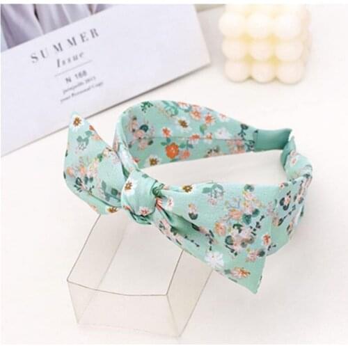 Sweet Flowers Print Green Bowknot Hairband for Women Handmade DIY Hair Accessories Adults Outdoor Headwear Bow Knotted Headbands