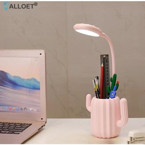Folding Desk Lamps LED Cactus Lamp Gooseneck USB Charging Table Lamp 3-Gear Night Light with Pen Holder for Students