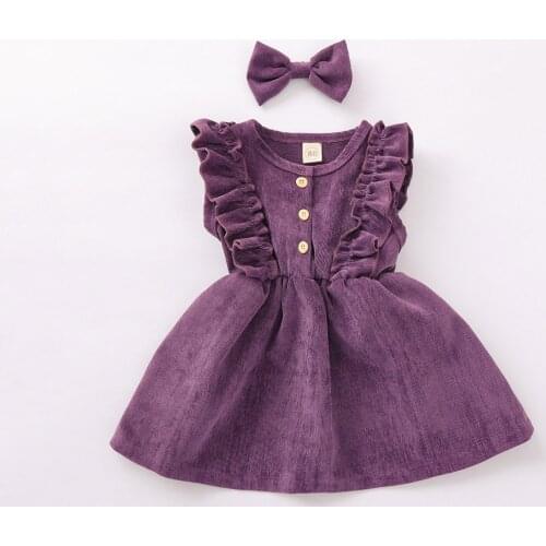 0-5Years Kids Baby Girls Corduroy Outfits Sleeveless Ruffle Round Collar Dress A-Line with Bowknot Hairpin Infant Girl Sets