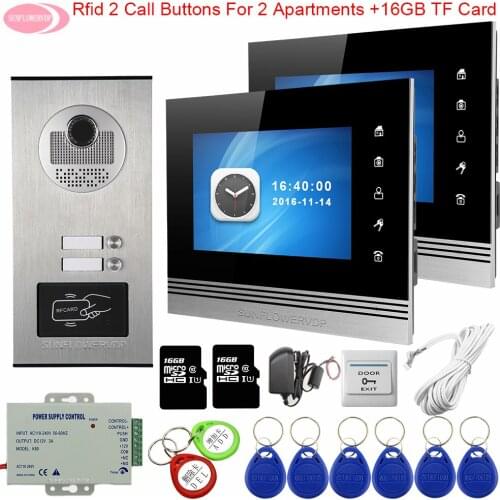 Video Intercom With Recording+16GB TF Card 7" Color Wired Home Video Intercom RFID Monitoring Camera System 2 Monitors Intercom