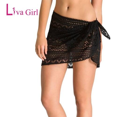 LVIA GIRL Crochet Sarong Beach Cover up Dress Women 2020 Summer Hollow Out Black/White Beach Bathing Suit Swimwear Solid Skirt