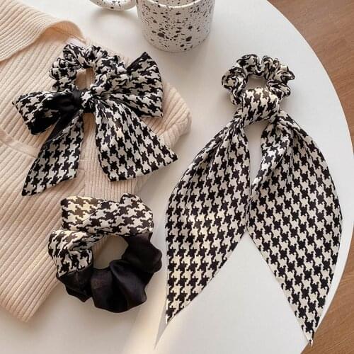 Lady Houndstooth Headband Women Bow Ribbon Hair Ring Elastic Hairband Long Streamer Hair Rope Scarf Ponytail Hair Accessories