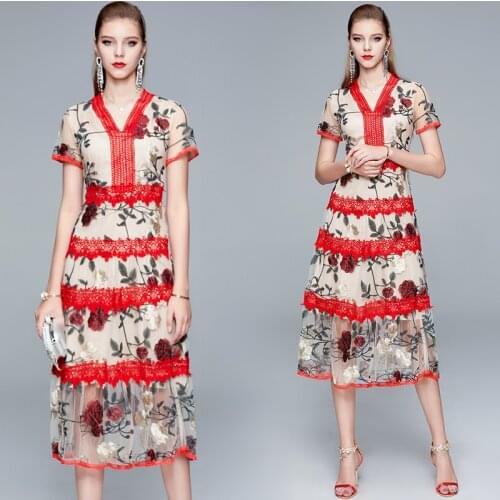 Women Luxury Embroidery Mesh Dress Festa High Quality V-neck Wedding Party Robe Femme Vintage Designer Lace Vestidos