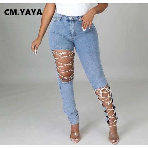 CM.YAYA Women Jeans Solid Bandage Hollow Out Stretchy Pencil Denim Trousers Fashion High Streetwear for Female Bottoms Autumn