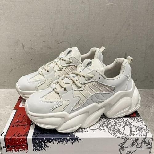 Beige Winter Chunky Sneakers Leather Vulcanize Shoes Black Platform Sneakers Women Shoes Casual Lace Up Thick Sole Shoes Woman