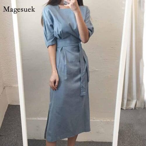 Casual Solid 2021 Office Lady Dress Cotton Linen Loose Vintage Women Dress New Elegant Chic Slim Square Collar Long Dress 12755
