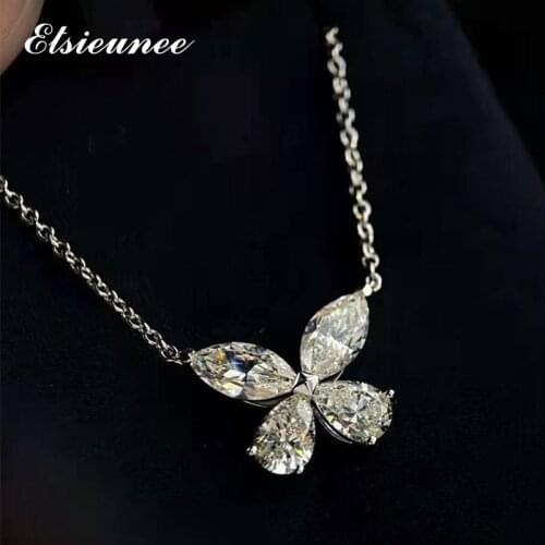 ELSIEUNEE 925 Sterling Silver Butterfly Created Moissanite Gemstone Wedding Cocktail Party Pendant Necklace Women Fine Jewelry