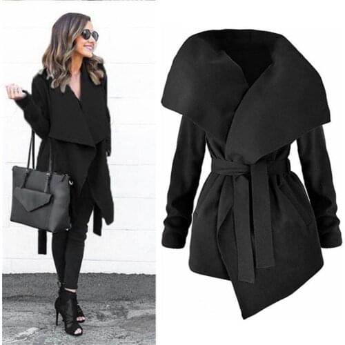 Winter Coats Women Autumn Woolen Blend Fashion Lapel Jackets Sexy V Neck Belt Lace-up Solid Casual Slim Overcoats Female Outer