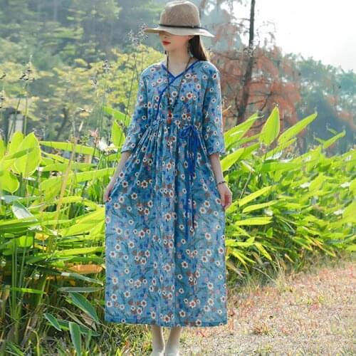 2021 New Arrival Print Floral Prairie Chic Holiday Travel Style Dress Thin Soft Cotton Linen Women Summer Spring Autumn Dress