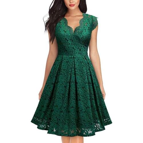 Women Party Lace Vintage Dress Summer 2020 A-Line Plus Size Floral V-Neck Ladies Lace Sleeveless Knee Length Dresses