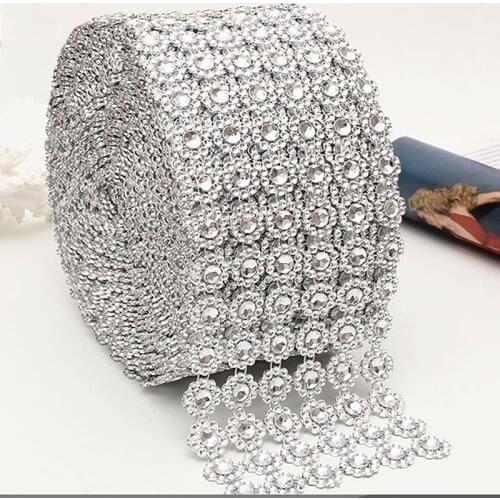 1 Yard 10cm Silver Rhinestone Crystal Ribbon Faux Diamond Ribbon Wrap Flower Shape Mesh Wrap Roll for Wedding Party Decorations