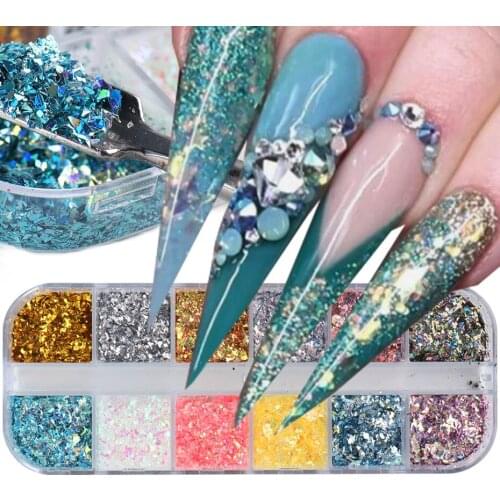 12 Mesh 3D Flakes Laser Irregular Candy Color Glass Shards Aluminum Foil Paper Butterfly Flower Nail Sequins Decorative Nail