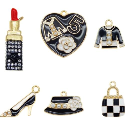 6pcs Mixedcharm Gold Tone Pendant Necklace Bracelet DIY Jewelry Making Enamel Women Girl Bag Dress Clipstick purse shoes Pearls