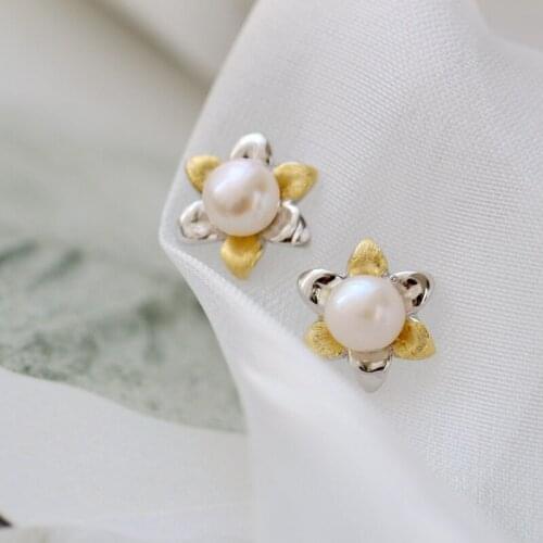 Authentic 925 Sterling Silver Petal Earring Inlaid 6mm Natural Freshwater Pearl Earstuds Wedding Party Fashio Fine Jewelry Gift