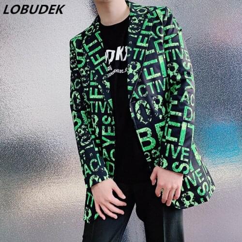 Tide Male Singer Green Letter Print Blazers Fashion One Button Slim Fit Casual Coat Bar Evening Party Stage Performance Costume