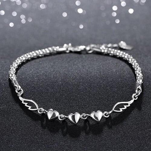 Womens 925 Sterling Silver Charm Love Heart Wing Bracelet Cuff Bangle Jewelry Bracelet Silver Color Trendy Jewelry Gifts