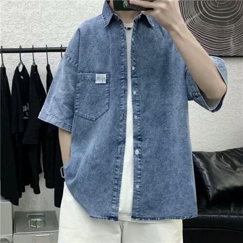 Denim shirt mens port style retro loose five-point sleeve shirt Korean fashion trend brand short-sleeved jacket jacket