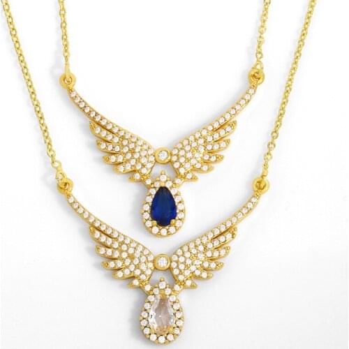 FLOLA Gold Plated Fairy Wings Big Blue Stone Necklace For Women Cubic Zirconia Pendant Necklace CZ Luxury Jewelry Gifts nkeu87