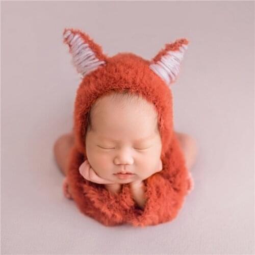 Newborn Photography props Baby boy Fox outfit Romper bonnet set Knitted Posing Fabric backdrop blanket layer