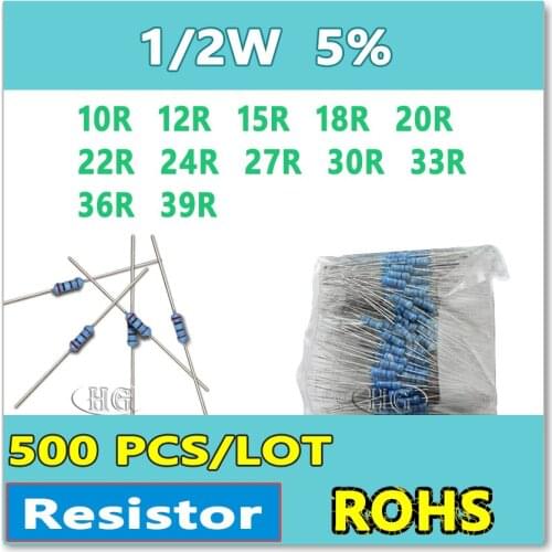 JASNPROSMA 500PCS/LOT 5% 1/2W 10R 12R 15R 18R 20R 22R 24R 27R 30R 33R 36R 39R carbon film DIP OHM Resistor
