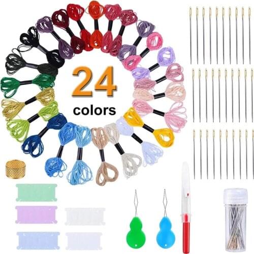 KAOBUY 24 Color Embroidery Floss Cross Stitch Threads, Embroidery Kit With Large Eye Stitching Needles, Beading Needle Threaders