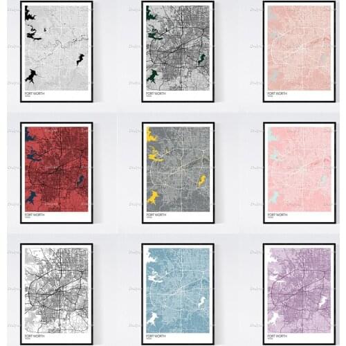 Fort Worth, Texas Map Nordic Retro Minimalism Painting Posters and Prints on Canvas Wall Art Modular Pictures Home Decor Gift