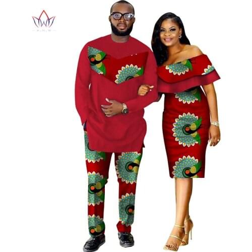 Stock Size 2 Piece Set African Dashiki Print Couple Clothing Men Top Pant Set and Women Ruffle Sleeve Bodycon Dress WYQ62