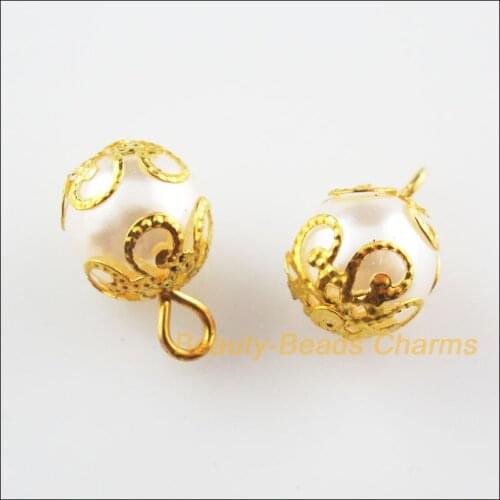 Fashion 30 New White Acrylic Round Beads Charms Gold Color Flower Ends Pendants 10mm