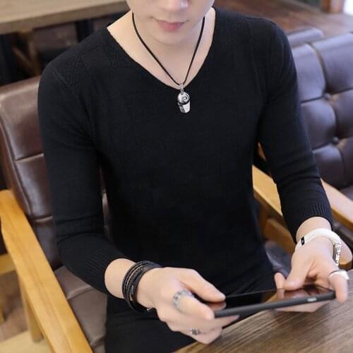 Casual Mens Sweater Winter White Thin Pink and Black Mens Sweaters Long-sleeved Grey Trim V-neck Men Sweater